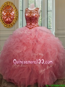 Trendy Scoop Sleeveless Tulle Quinceanera Gown Beading and Ruffles Lace Up
