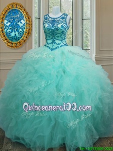 Scoop Floor Length Turquoise Quinceanera Dresses Tulle Sleeveless Spring and Summer and Fall and Winter Beading and Ruffles