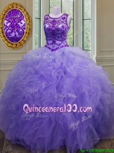 Lovely Sleeveless Lace Up Floor Length Beading and Ruffles 15th Birthday Dress