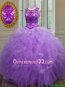 Sexy Scoop Lavender Ball Gowns Beading and Ruffles Quinceanera Dress Lace Up Tulle Sleeveless Floor Length