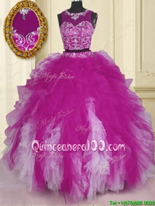 Pretty Scoop Sleeveless Beading and Ruffles Zipper Quinceanera Gowns