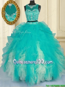Luxury Turquoise Tulle Zipper Scoop Sleeveless Floor Length Ball Gown Prom Dress Beading and Ruffles