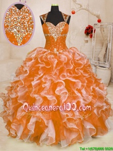 Suitable Orange Organza Lace Up Quinceanera Gowns Sleeveless Floor Length Beading and Ruffles