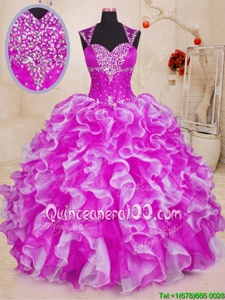 Custom Designed Fuchsia Ball Gowns Beading and Ruffles Ball Gown Prom Dress Lace Up Organza Sleeveless Floor Length
