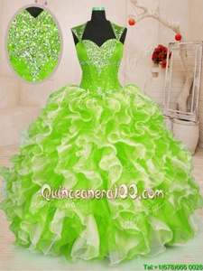 Custom Fit Sweetheart Sleeveless Quinceanera Gown Floor Length Beading and Ruffles Yellow Green Organza