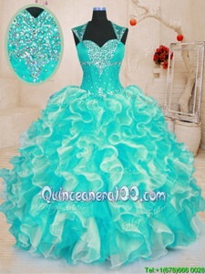 Colorful Sleeveless Organza Floor Length Lace Up Quinceanera Gowns inTurquoise forSpring and Summer and Fall and Winter withBeading and Ruffles