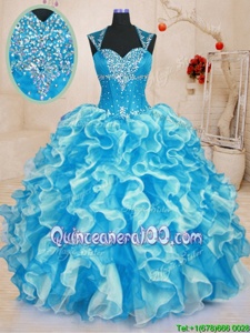 On Sale Sweetheart Sleeveless Ball Gown Prom Dress Floor Length Beading and Ruffles Aqua Blue Organza