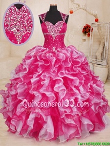 Adorable White And Red Organza Lace Up Quinceanera Gowns Sleeveless Floor Length Beading and Ruffles
