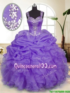 Designer Floor Length Lavender 15th Birthday Dress Organza Sleeveless Spring and Summer and Fall and Winter Beading and Ruffles and Pick Ups