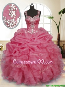 Excellent Floor Length Zipper 15 Quinceanera Dress Watermelon Red and In forMilitary Ball and Sweet 16 and Quinceanera withBeading and Ruffles and Pick Ups