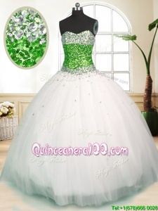 On Sale White Tulle Zipper Ball Gown Prom Dress Sleeveless Floor Length Beading