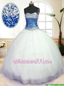 Super Blue And White Lace Up Sweetheart Beading 15th Birthday Dress Tulle Sleeveless