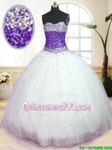 Dazzling Sleeveless Tulle Floor Length Lace Up Quinceanera Dresses inWhite And Purple forSummer and Fall and Winter withBeading