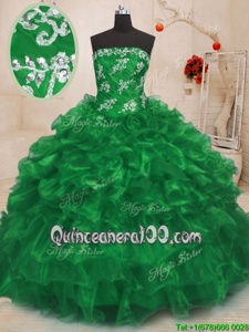 Custom Made Green Strapless Lace Up Beading and Appliques and Ruffles Quinceanera Dress Sleeveless