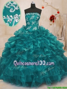 Edgy Turquoise Lace Up Quinceanera Gowns Beading and Appliques and Ruffles Sleeveless Floor Length