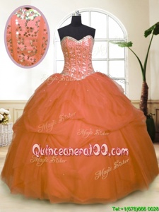 Colorful Sequins Pick Ups Orange Sleeveless Tulle Zipper Quince Ball Gowns forMilitary Ball and Sweet 16 and Quinceanera