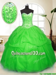 High End Floor Length Spring Green Vestidos de Quinceanera Tulle Sleeveless Spring and Summer and Fall and Winter Sequins and Pick Ups