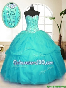 Exquisite Aqua Blue Sleeveless Sequins and Pick Ups Floor Length Quinceanera Dress
