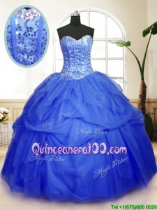 New Style Blue Lace Up Sweetheart Sequins and Pick Ups Quinceanera Gown Tulle Sleeveless