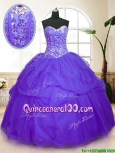 Sumptuous Floor Length Purple 15th Birthday Dress Tulle Sleeveless Spring and Summer and Fall and Winter Sequins and Pick Ups