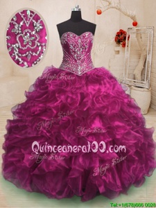 Clearance Fuchsia Sweetheart Neckline Beading and Ruffles Quinceanera Dress Sleeveless Lace Up