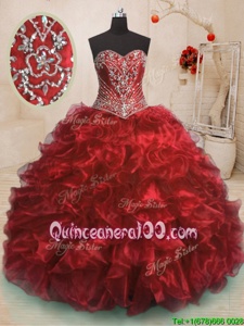 Designer With Train Lace Up Ball Gown Prom Dress Wine Red and In forMilitary Ball and Sweet 16 and Quinceanera withBeading and Ruffles Sweep Train