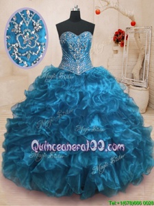 High Class Sleeveless With Train Beading and Ruffles Lace Up Sweet 16 Dresses with Blue Sweep Train