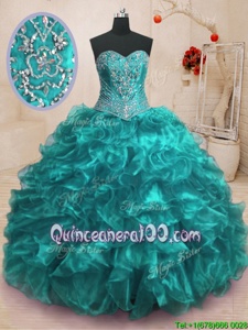 Great Teal Sleeveless Organza Sweep Train Lace Up Sweet 16 Dresses forMilitary Ball and Sweet 16 and Quinceanera