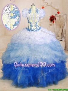 Affordable Multi-color Organza Lace Up Ball Gown Prom Dress Sleeveless With Train Beading and Appliques and Ruffles