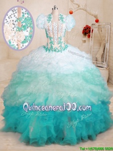 Multi-color Lace Up Quinceanera Gown Beading and Appliques and Ruffles Sleeveless With Brush Train