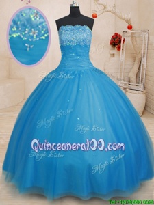 Trendy Light Blue Strapless Lace Up Beading 15 Quinceanera Dress Sleeveless
