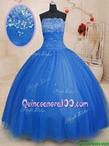 Luxurious Sleeveless Tulle Floor Length Lace Up 15 Quinceanera Dress inBlue forSpring and Summer and Fall and Winter withBeading