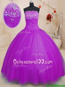 Suitable Purple Strapless Lace Up Beading Ball Gown Prom Dress Sleeveless