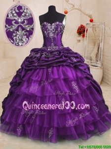 Purple Ball Gowns Beading and Appliques and Ruffled Layers and Pick Ups Vestidos de Quinceanera Lace Up Organza and Taffeta Sleeveless With Train