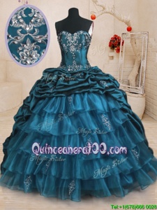 Teal Sweetheart Neckline Beading and Appliques and Ruffled Layers and Pick Ups Sweet 16 Dresses Sleeveless Lace Up