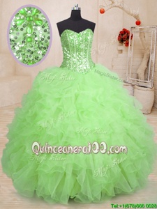 Fashion Floor Length Spring Green Quince Ball Gowns Organza Sleeveless Spring and Summer and Fall and Winter Beading and Ruffles