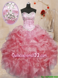 Customized Beading Sweet 16 Dress Baby Pink Lace Up Sleeveless Floor Length