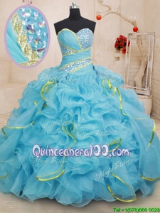 Custom Designed Baby Blue Ball Gowns Organza Sweetheart Sleeveless Beading and Ruffles With Train Lace Up Sweet 16 Dresses Brush Train
