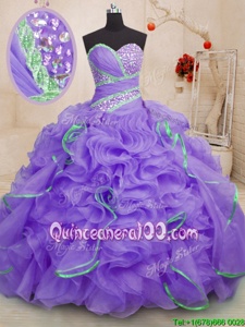 Wonderful Lavender Ball Gowns Sweetheart Sleeveless Organza With Brush Train Lace Up Beading and Ruffles Quinceanera Dresses