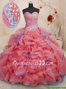 Attractive Sleeveless With Train Beading and Ruffles Lace Up Quinceanera Gowns with Coral Red Brush Train