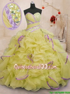 Smart Sweetheart Sleeveless Quinceanera Dress With Brush Train Beading and Ruffles Yellow Green Organza