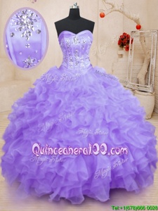 Hot Sale Lavender Sweetheart Neckline Beading and Ruffles Quince Ball Gowns Sleeveless Lace Up
