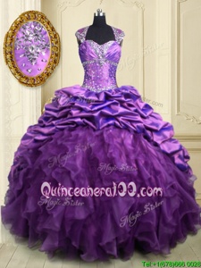 Affordable Organza and Taffeta Sweetheart Cap Sleeves Brush Train Lace Up Beading and Ruffles and Pick Ups Quinceanera Gowns inPurple