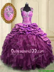 With Train Lilac 15th Birthday Dress Organza and Taffeta Brush Train Cap Sleeves Spring and Summer and Fall and Winter Beading and Ruffles and Ruffled Layers and Pick Ups