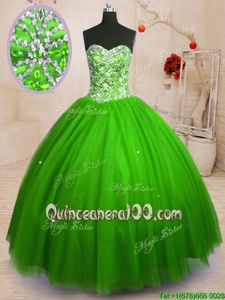 Spring Green Sleeveless Floor Length Beading Lace Up Vestidos de Quinceanera