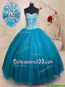 Traditional Sweetheart Sleeveless Lace Up Ball Gown Prom Dress Teal Tulle