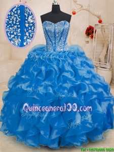 Perfect Royal Blue Ball Gowns Organza Sweetheart Sleeveless Beading and Ruffles Floor Length Lace Up Quince Ball Gowns