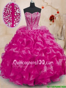 Chic Fuchsia Lace Up Quinceanera Gown Beading and Ruffles Sleeveless Floor Length