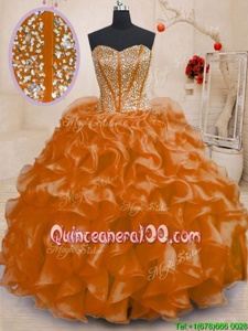 Comfortable Sweetheart Sleeveless Ball Gown Prom Dress Floor Length Beading and Ruffles Orange Organza