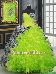 Ideal Printed Multi-color Sweet 16 Dress Military Ball and Sweet 16 and Quinceanera and For withBeading and Ruffles and Pattern Sweetheart Sleeveless Brush Train Lace Up